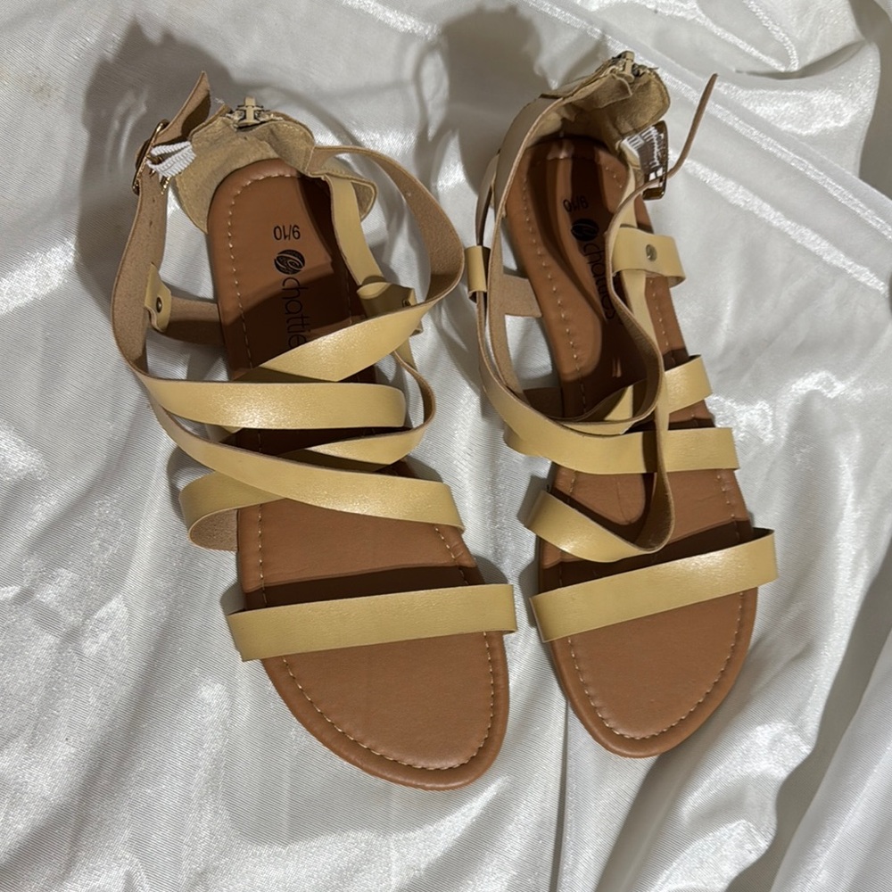 Tan Strap Flat Sandals by chattie’s Sz 9/10
